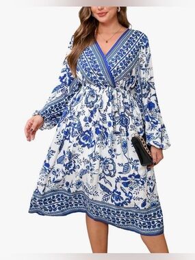 Cupshe White and Blue Floral Wrap Midi Dress